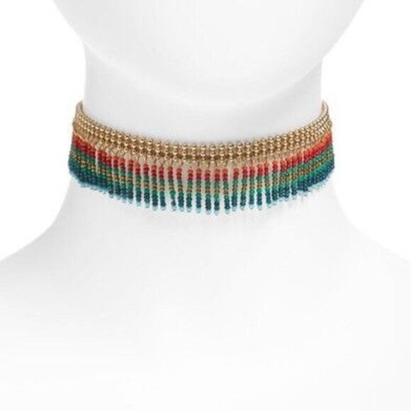 Nordstrom Treasure & Bond Seedbead Multi Color Gold Fringe Choker Necklace NWT 8 - Picture 1 of 6